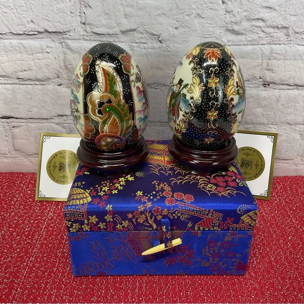 Yi Lin Arts & Treasures Porcelain Hand Painted Eggs Wooden Stands & Silk Box